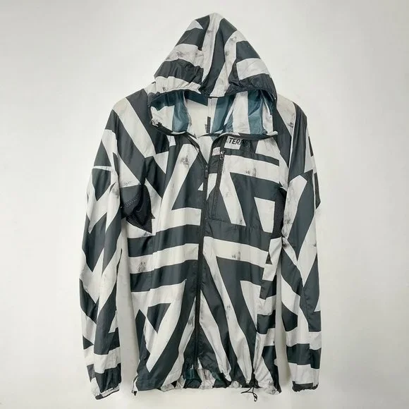 Adidas TERREX Jacket Men Small Black Gray Windbreaker Full Zip Hood Lightweight - Picture 1 of 12